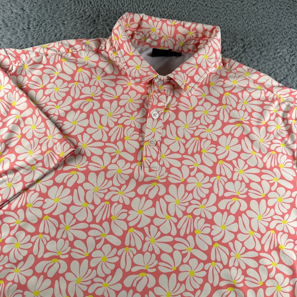 Sunday Swagger Polo Shirt Mens‎ 2XL Pink Daisy Floral Short Sleeve Stretch